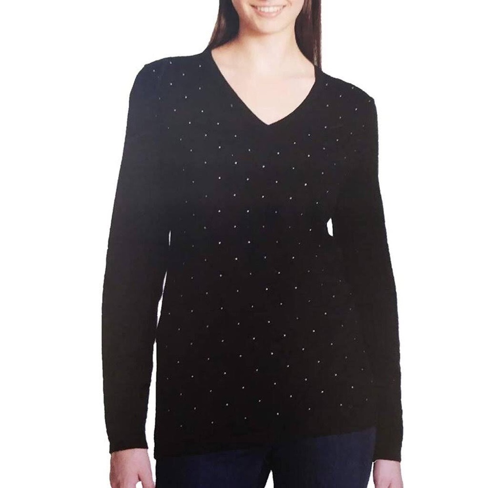 💎 NWT!! DKNY rhinestone polkadot v neck sweater - Picture 1 of 16